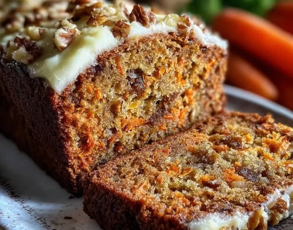 Delicious carrot cake loaf freshly baked and sliced on a wooden board.