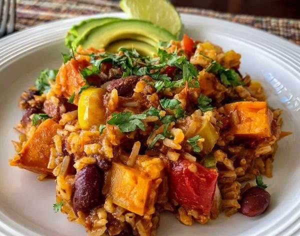 Casserole dish filled with rice, beans, and sweet potatoes, ready to serve.