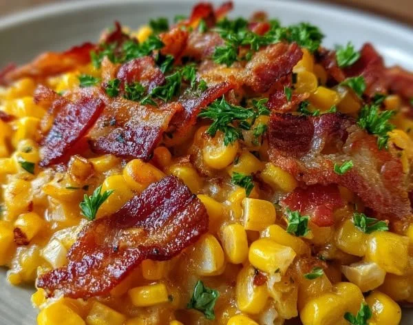 Slow cooker cheddar corn and bacon dish garnished with herbs.