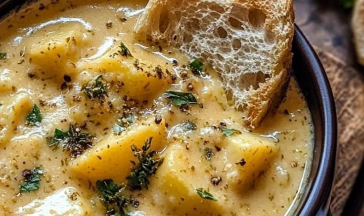 Delicious cheddar garlic herb potato soup in a bowl garnished with herbs