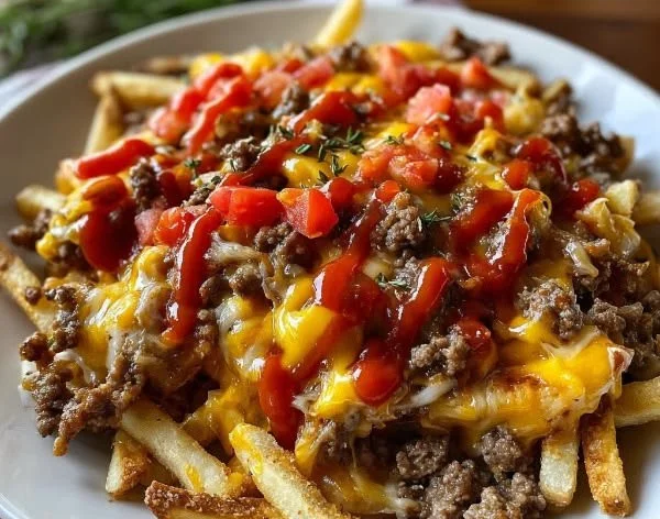Cheeseburger fries casserole topped with melted cheese and fresh toppings
