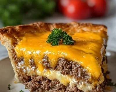 Delicious cheeseburger pie served on a plate, inspired by Pioneer Woman's recipe.