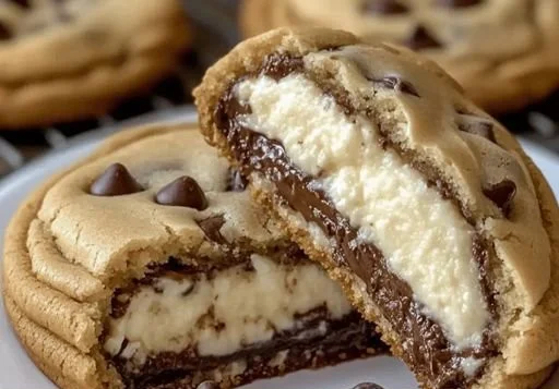 Cheesecake-stuffed chocolate chip cookies on a plate