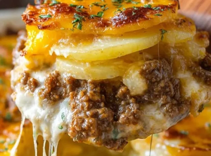 Delicious Cheesy Hamburger Potato Bake served in a casserole dish