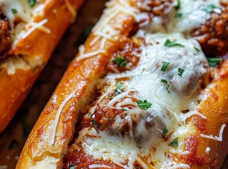 Cheesy meatball subs topped with melty cheese and served on a toasted bun.