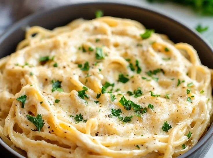 Delicious cheesy spaghetti topped with garlic and Parmesan cheese