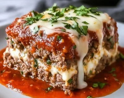 Cheesy stuffed Italian meatloaf served with a side of vegetables