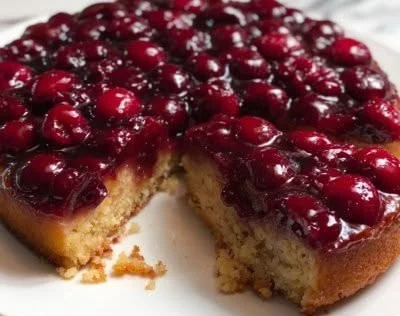 Delicious cherry upside-down cake baked and ready to serve.