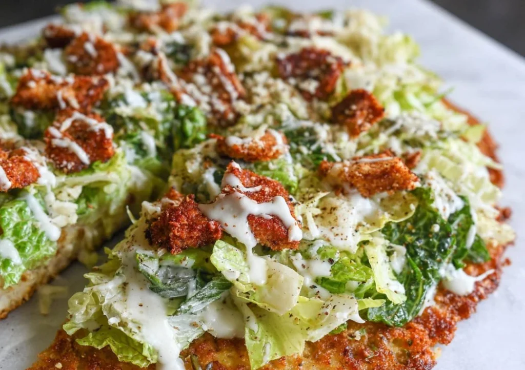 Delicious Chicken Caesar Salad Pizza with fresh ingredients and toppings