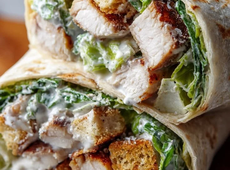 Golden-brown Chicken Caesar Wraps filled with crispy lettuce and creamy dressing.