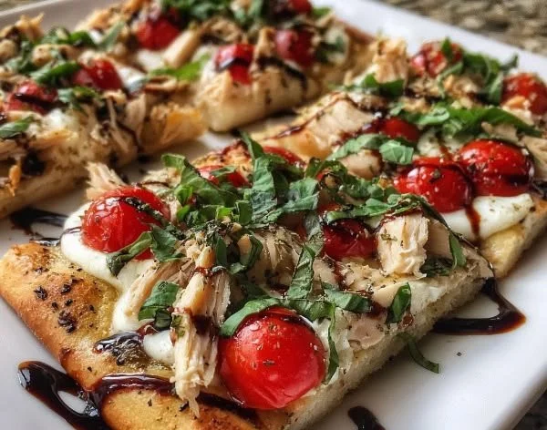 Delicious Chicken Caprese Flatbread with mozzarella and fresh tomatoes