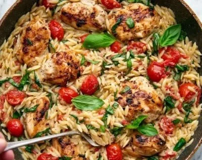 Chicken Orzo with Cherry Tomatoes and Spinach served in a bowl