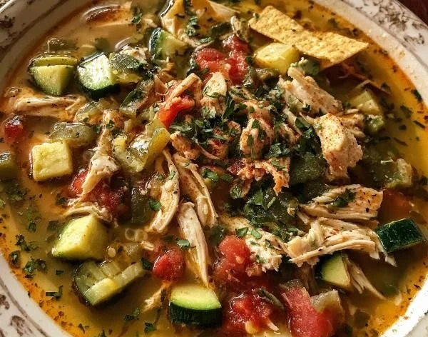 Bowl of Chicken Poblano Soup garnished with fresh herbs and lime