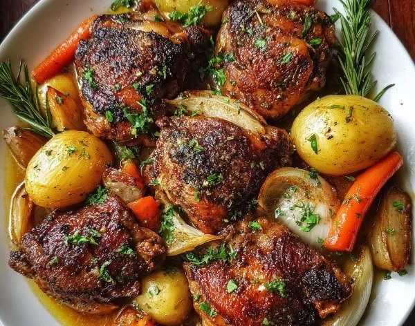 Delicious chicken thigh pot roast with vegetables in a rustic setting