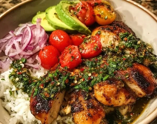 Chimichurri Chicken Bowls with garlic sauce and fresh ingredients