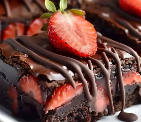 Delicious chocolate covered strawberry brownies on a white plate.