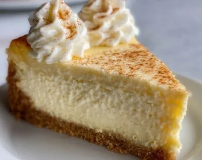 Slice of Christmas Eggnog Cheesecake garnished with nutmeg and whipped cream