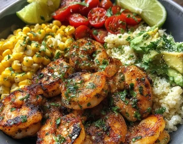 Cilantro Lime Shrimp Bowl topped with fresh herbs and lime wedges