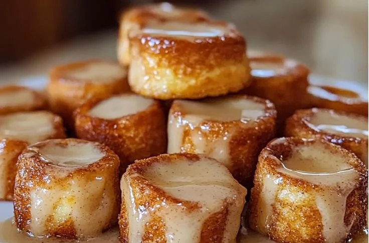 Cinnamon roll french toast bites served on a plate with syrup and berries