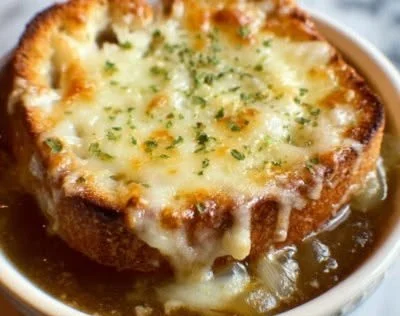 Bowl of classic French onion soup topped with melted cheese and fresh herbs