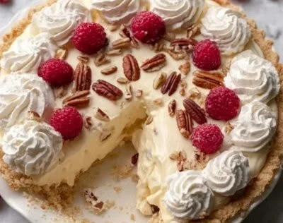 Classic Million Dollar Pie topped with cream and nuts served in a pie dish