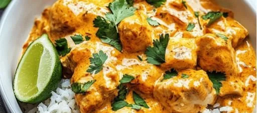 Delicious Coconut Chicken Rice Bowl garnished with fresh herbs and served in a bowl