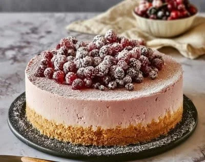Cranberry cheesecake topped with cranberry swirl and sugared cranberries