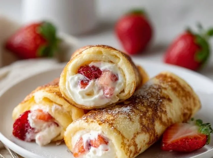 Cream Cheese Stuffed Pancake Rolls with Strawberry Filling on a plate