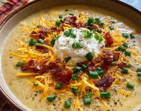 Bowl of creamy baked potato soup topped with cheese, bacon, and green onions.