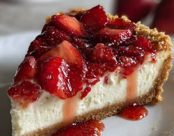 Creamy baked strawberry cheesecake topped with fresh strawberries and a graham cracker crust.