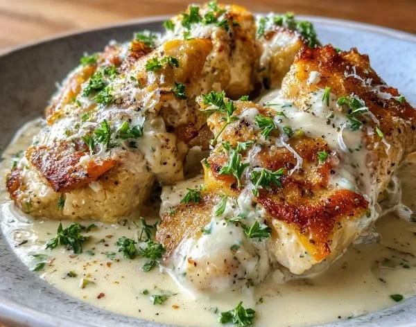 Creamy Boursin chicken sauce served over tender chicken breasts