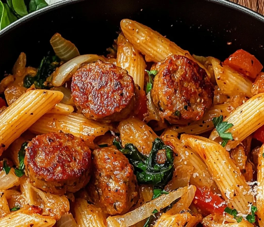 Creamy Cajun Sausage Pasta served in a colorful bowl with herbs