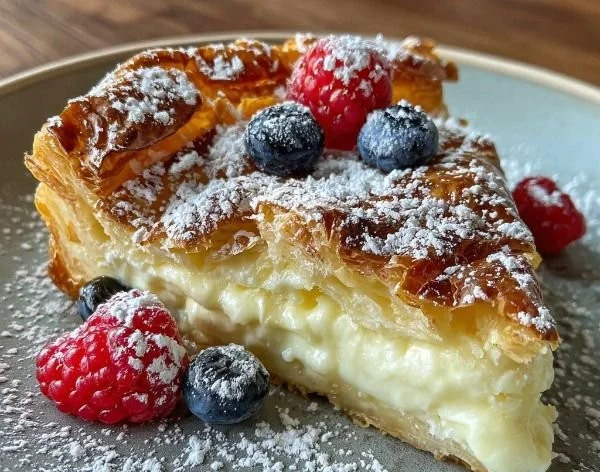 Creamy cheesecake Danish on a plate with a buttery flaky crust