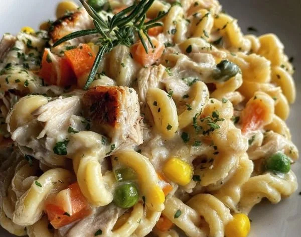 Creamy chicken pot pie pasta dish with vegetables and herbs