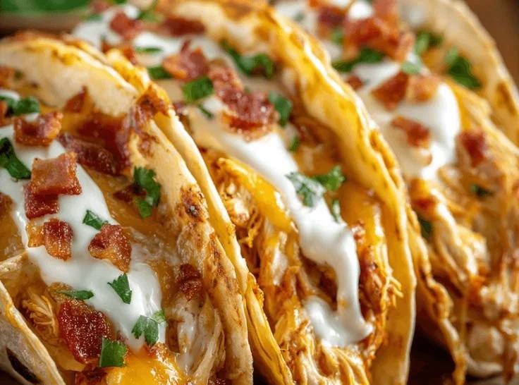 Creamy chicken tacos topped with cheddar cheese and ranch dressing