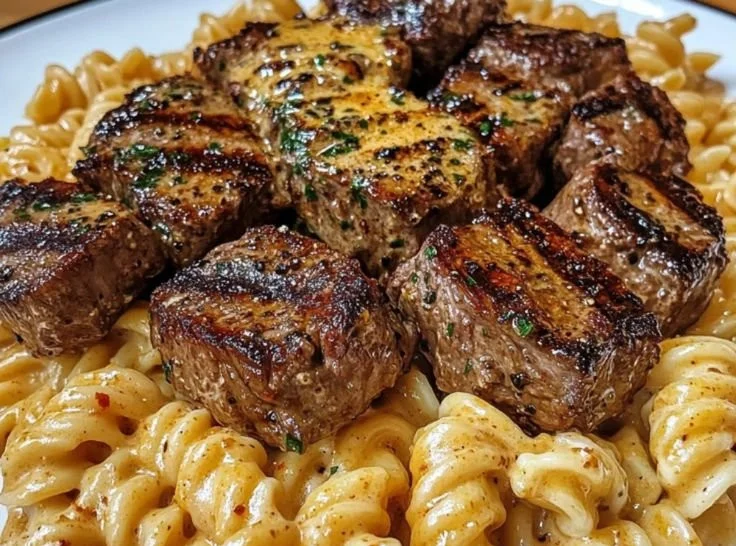 Creamy Garlic Butter Steak Bites served with Spicy Cajun Alfredo Pasta on a plate