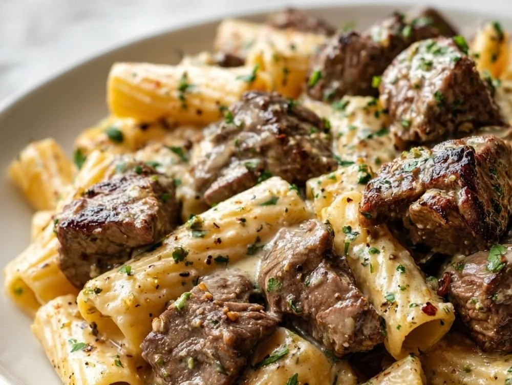 Creamy garlic butter steak pasta served in a bowl with parsley garnish