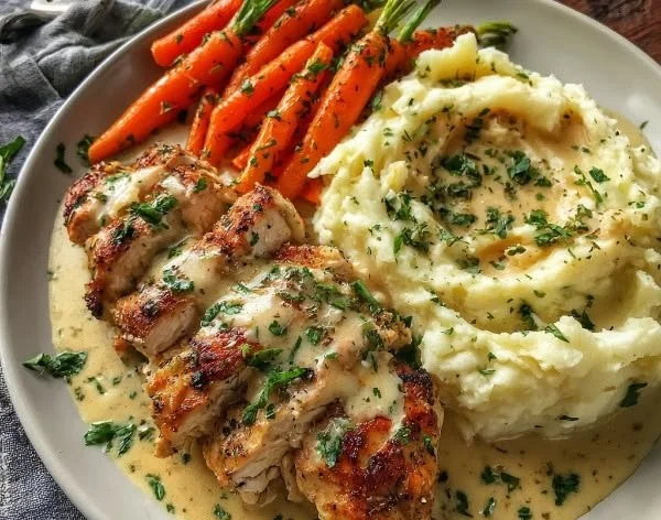 Creamy Herb Chicken dish with mashed potatoes and glazed carrots on a plate.