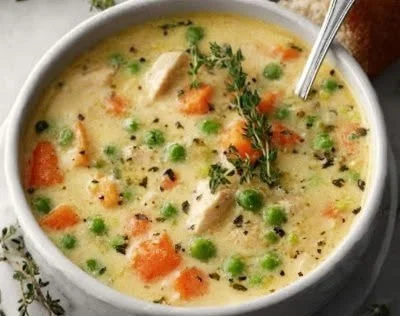 Creamy one-pot vegetable soup in a bowl garnished with herbs