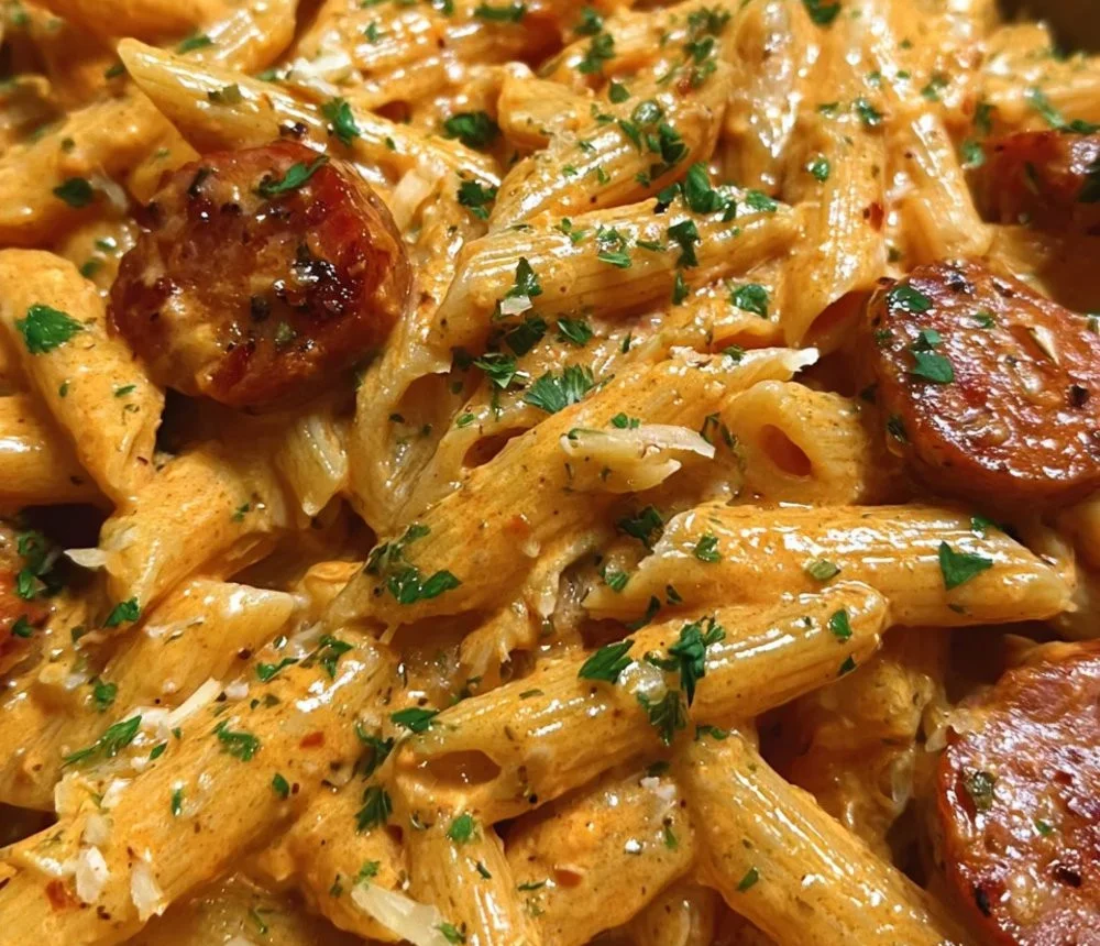 A delicious creamy spicy Cajun sausage pasta dish served in a bowl.