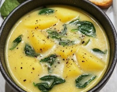 Creamy spinach potato soup in a bowl with fresh ingredients