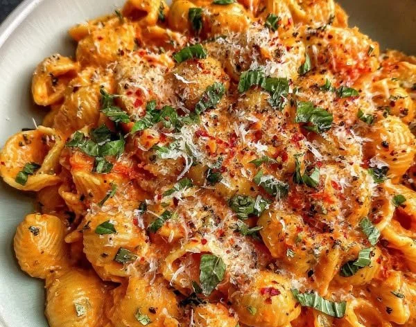 A bowl of creamy tomato pasta garnished with roasted garlic and fresh herbs.