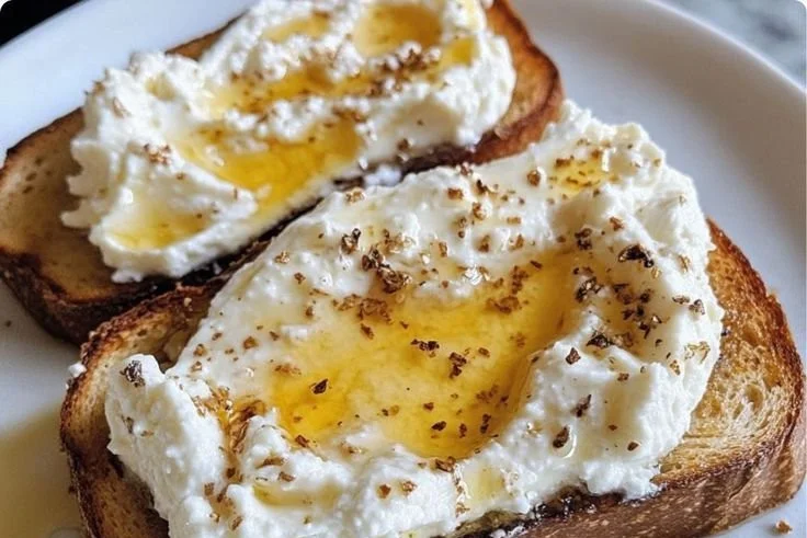 Creamy whipped ricotta toast drizzled with honey and garnished with herbs