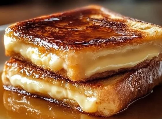 Delicious crème brûlée French toast topped with caramelized sugar