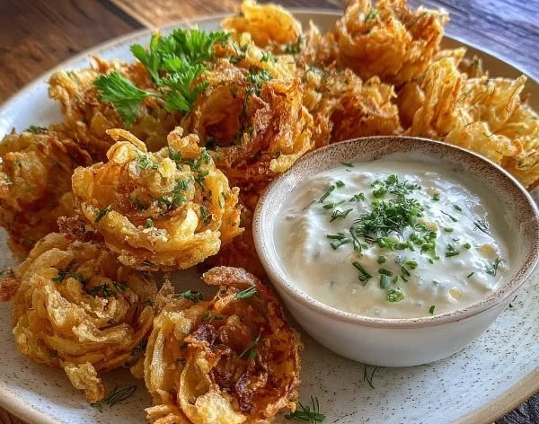 Crispy bloomin' onions with a side of creamy ranch dip