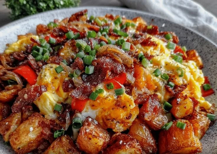 Crispy breakfast hash with potatoes and bacon served on a plate