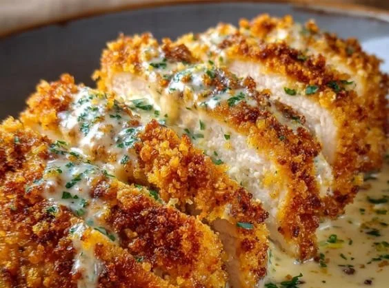 Crispy chicken recipe with a savory parmesan crust, served on a plate.
