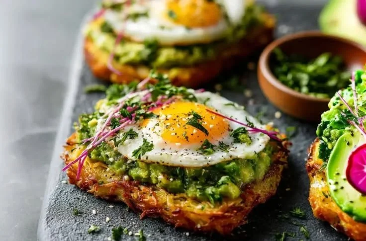 Delicious crispy hash browns served with fresh avocado slices on a plate.