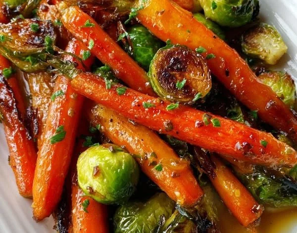 Plate of crispy maple glazed carrots and Brussels sprouts garnished with herbs