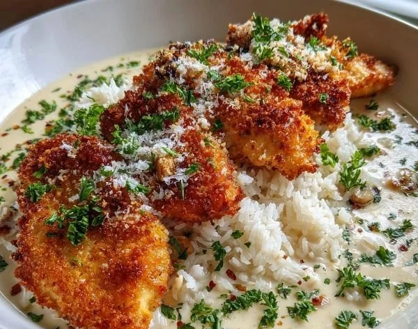 Crispy Parmesan chicken served with garlic cream sauce on a plate